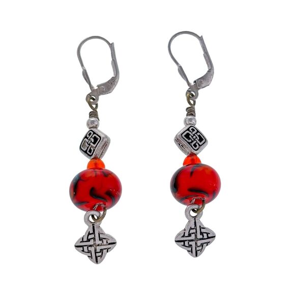 Vintage Sterling Silver 925 Red Glass Beaded Celtic Knot Dangle Earrings - Picture 1 of 6